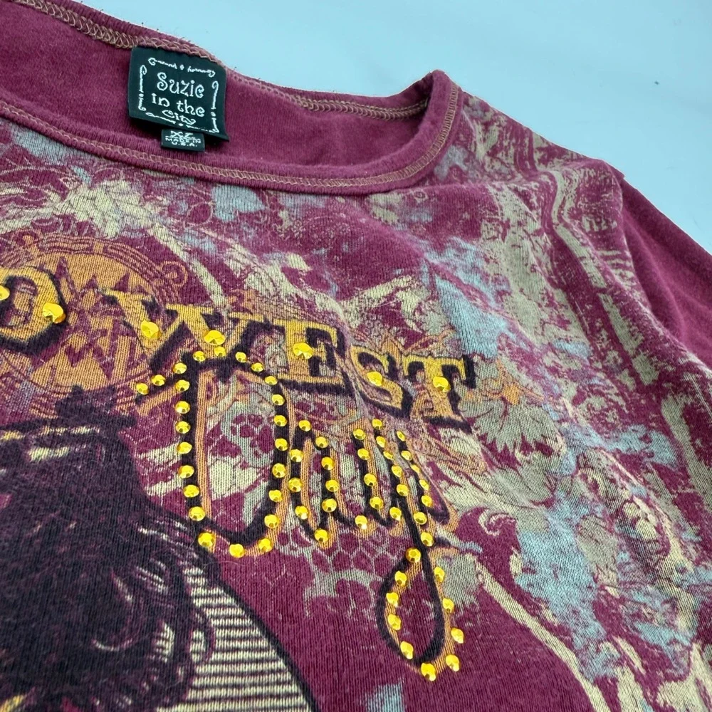 Y2K Wild West Horse Tee Rhinestone Maroon USA Suzie in the City Womens XL‎